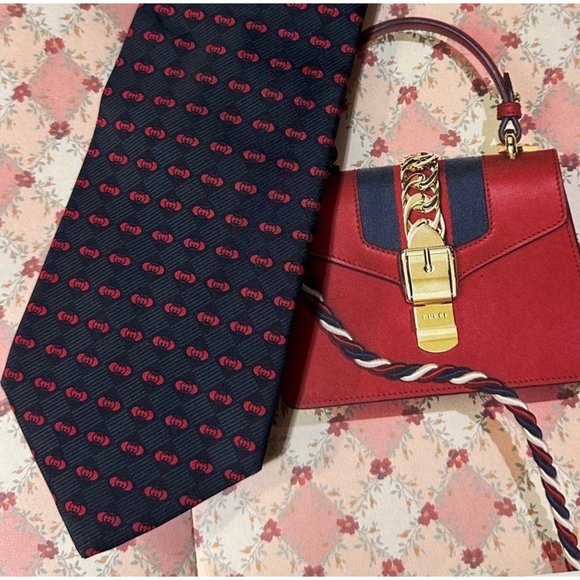 GUCCI Gucci tie men blue Red Tie gg Print designer - Picture 1 of 7
